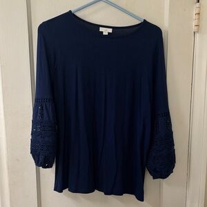 J. Jill Navy Blouse with Crochet Sleeves